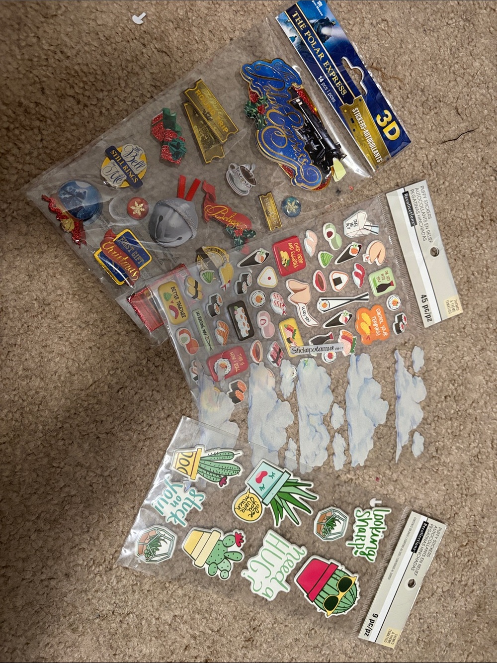 Assorted 3D & Puffy Sticker Packs - Food, Plants, Clouds, The Polar Express